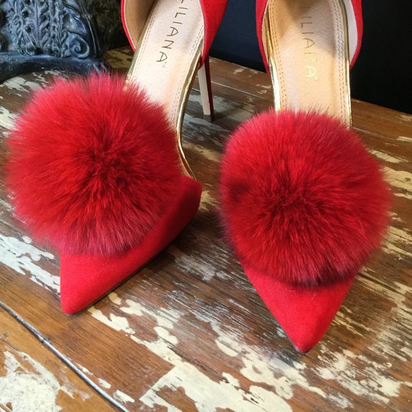 Liliana stiletto pointy toe suede pom pom heels - Picture 5 of 11